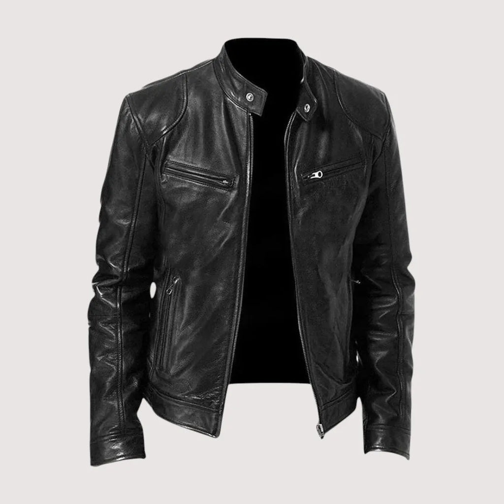 Front three-quarter view of a black leather biker jacket with stand collar, snap tabs and zip chest pockets, worn on a mannequin