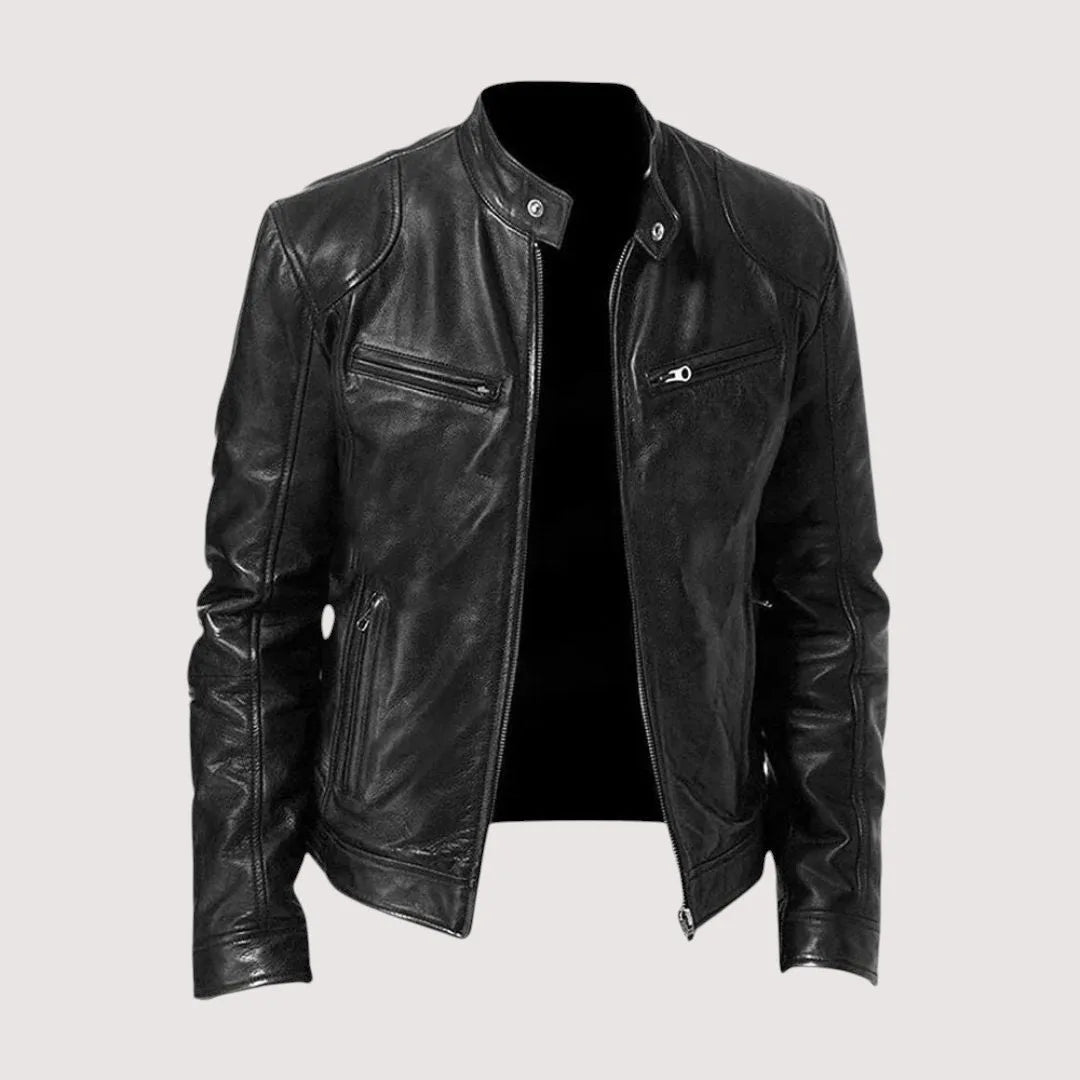 Front three-quarter view of a black leather biker jacket with stand collar, snap tabs and zip chest pockets, worn on a mannequin