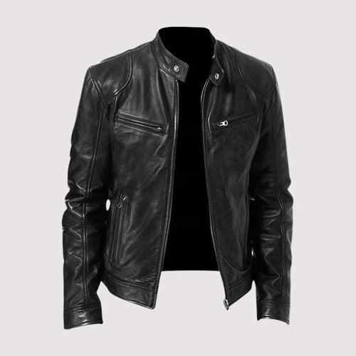 Front three-quarter view of a black leather biker jacket with stand collar, snap tabs and zip chest pockets, worn on a mannequin