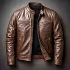 Brown leather biker jacket, front view, fully zipped collar open, showing chest zip pockets and stitched seams