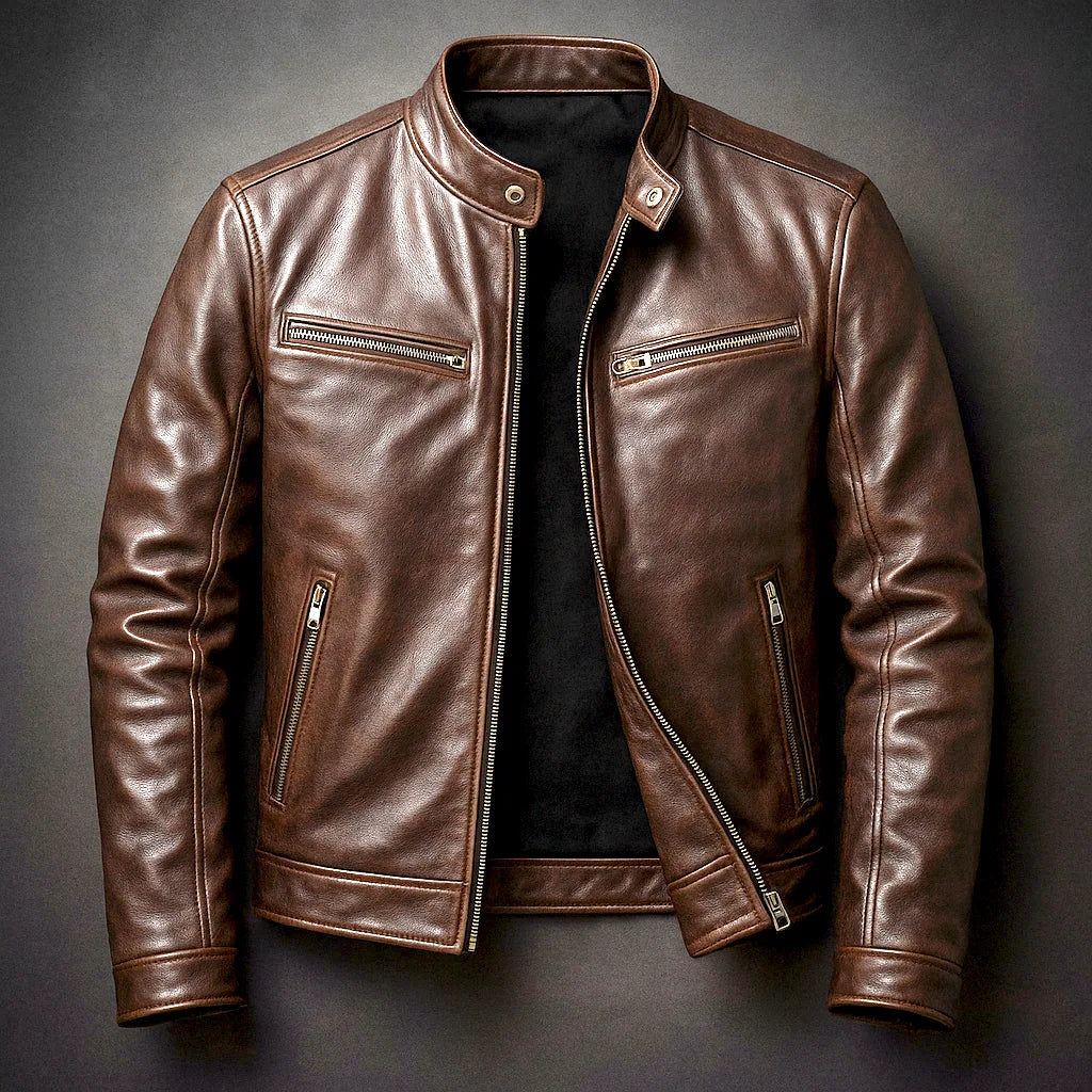 Brown leather biker jacket, front view, fully zipped collar open, showing chest zip pockets and stitched seams