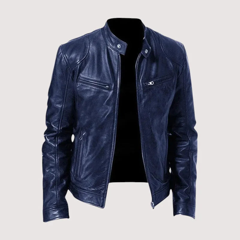 Navy blue leather biker jacket shown open, highlighting the quilted shoulder panels and zip pockets on the front
