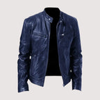 Navy blue leather biker jacket shown open, highlighting the quilted shoulder panels and zip pockets on the front