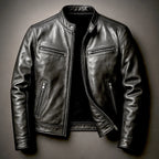 Black leather biker jacket laid flat, front view with stand collar, zip pockets and soft black lining visible