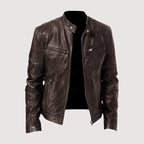 Dark brown leather biker jacket with textured grain finish, snap-tab collar and asymmetric front zip closure