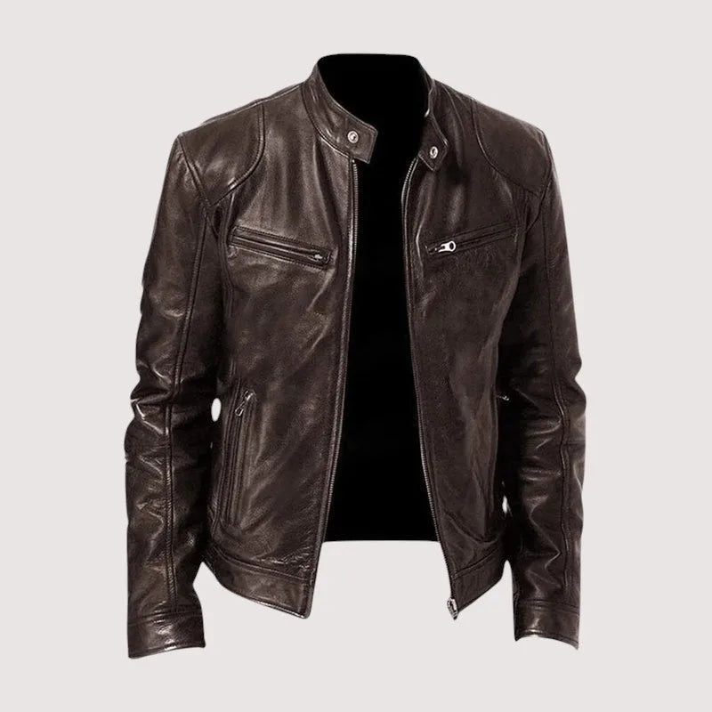 Dark brown leather biker jacket with textured grain finish, snap-tab collar and asymmetric front zip closure
