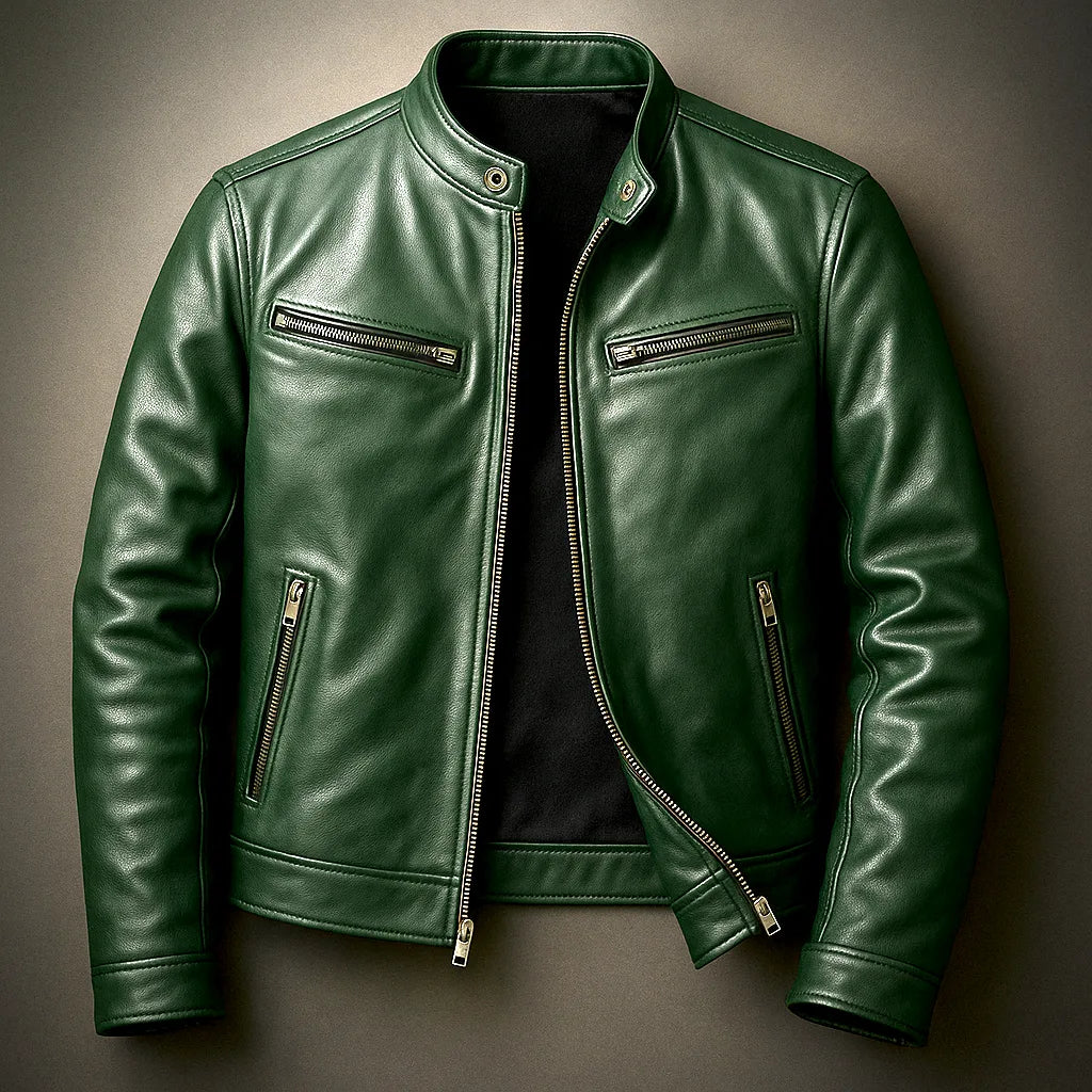 Green leather biker jacket, front view with stand collar, chest zip pockets and lower zip pockets