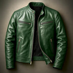 Green leather biker jacket, front view with stand collar, chest zip pockets and lower zip pockets