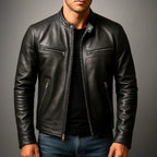 Close-up of black leather biker jacket worn by a model, showing stand collar, zip pulls and front zip
