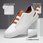 Diagram highlighting the genuine leather upper, loop lacing and rubber outsole of a white trainer