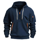Navy blue quarter-zip hoodie with grey drawstrings, chest pouch pocket and orange-trimmed zip pockets, front view