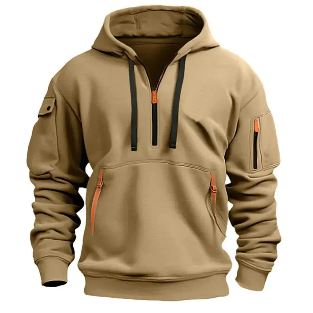 Khaki quarter-zip hoodie showing adjustable hood, sleeve pocket with button flap and zipped kangaroo pocket