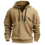 Khaki quarter-zip hoodie showing adjustable hood, sleeve pocket with button flap and zipped kangaroo pocket