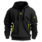 Black hoodie with half-zip neckline, yellow zip pulls on chest, sleeve and front pouch pockets