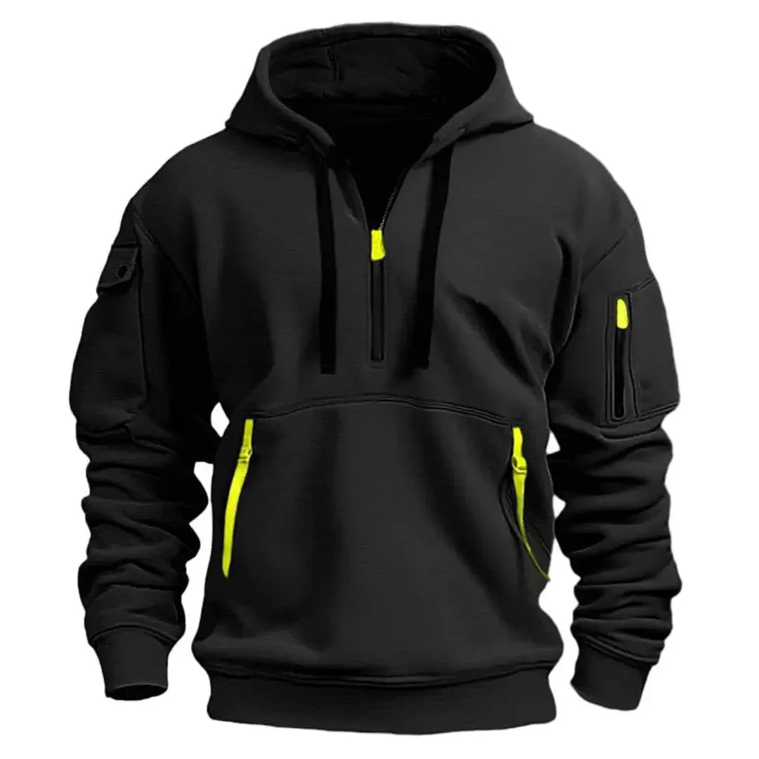 Black hoodie with half-zip neckline, yellow zip pulls on chest, sleeve and front pouch pockets
