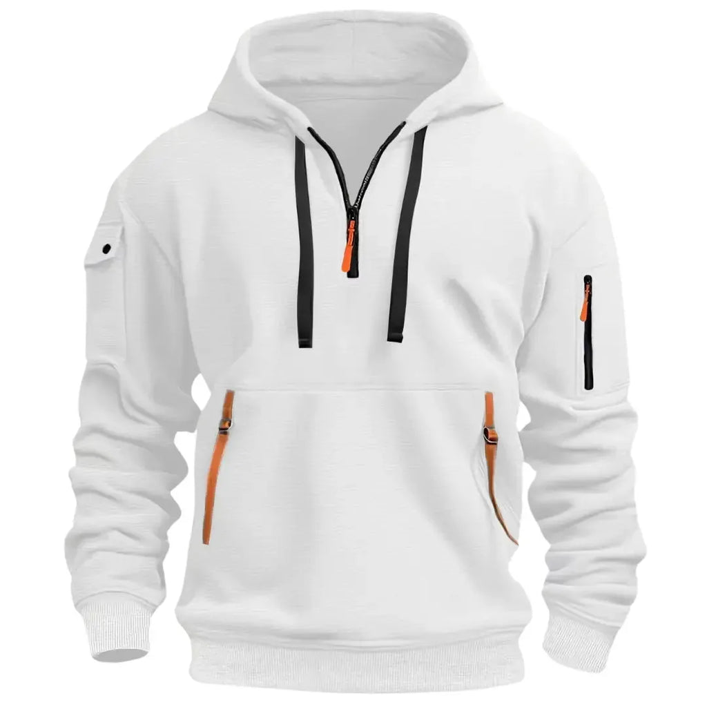 White quarter-zip hoodie with ribbed cuffs and hem, orange zip accents on chest and front pockets