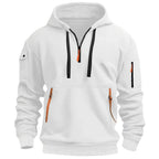 White quarter-zip hoodie with ribbed cuffs and hem, orange zip accents on chest and front pockets