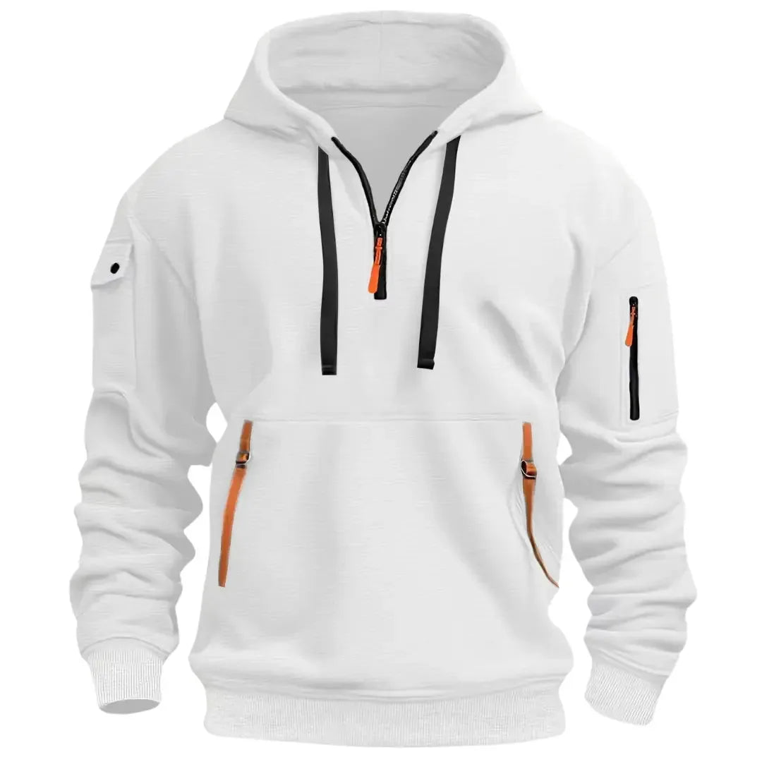 White quarter-zip hoodie with ribbed cuffs and hem, orange zip accents on chest and front pockets