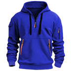 Blue hooded sweatshirt with half-zip front, adjustable drawstring hood and orange-trimmed pocket zips