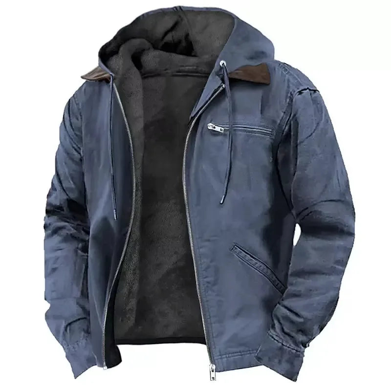 Navy blue heavyweight hooded jacket with zip pockets, fleece lining and drawstring hood, shown fully unzipped