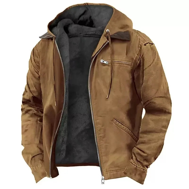 Brown hooded jacket with contrast suede-look collar, zip chest pocket and fleece-lined hood, unzipped view