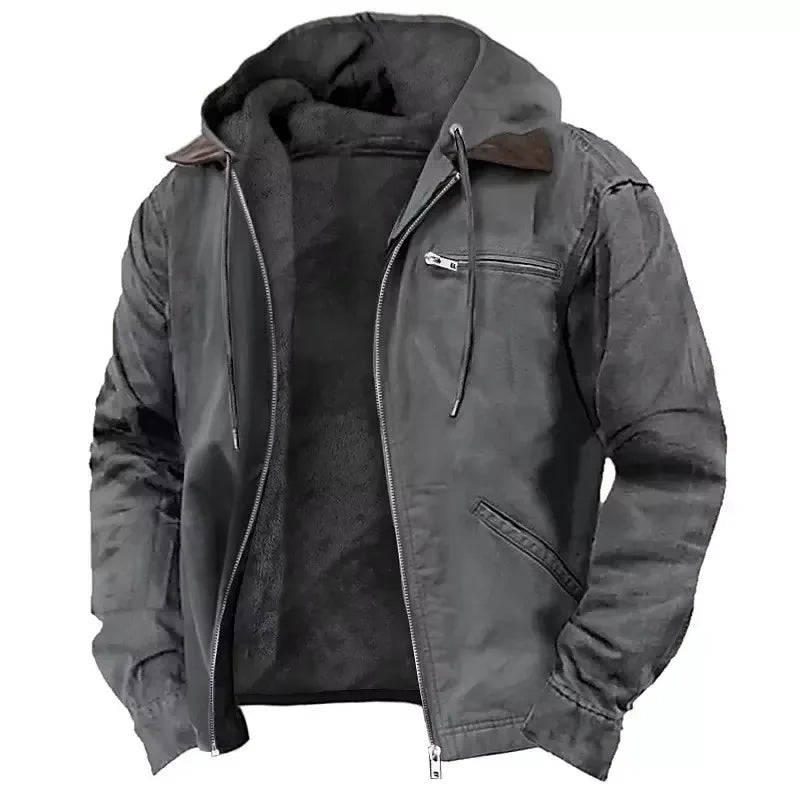 Grey heavyweight hooded jacket with adjustable drawstring hood and quilted sleeve detailing, front open