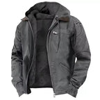 Grey heavyweight hooded jacket with adjustable drawstring hood and quilted sleeve detailing, front open
