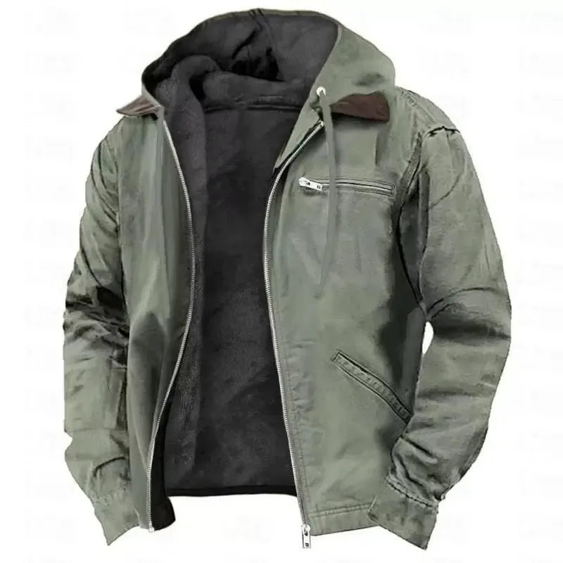 Khaki green hooded jacket with zip pockets and plush fleece lining, shown against a light background