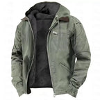 Khaki green hooded jacket with zip pockets and plush fleece lining, shown against a light background