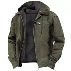 Army green hooded workwear jacket with brown collar accent and multiple zip pockets, fully unzipped