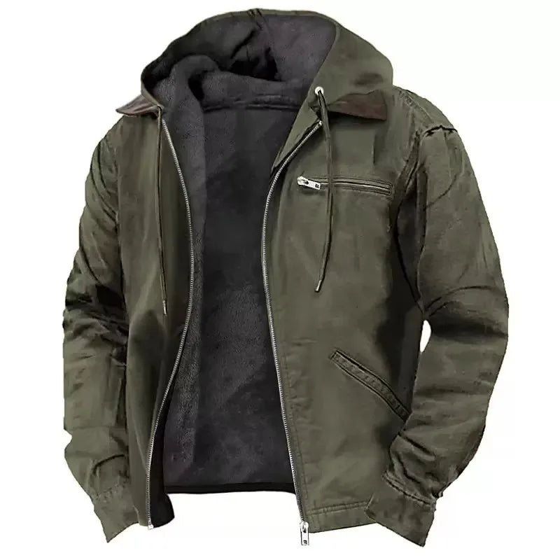Army green hooded workwear jacket with brown collar accent and multiple zip pockets, fully unzipped