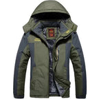 Olive green and grey hooded winter jacket with brushed fleece lining visible inside the open front zip