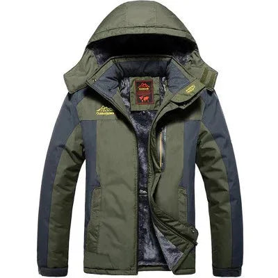 Olive green and grey hooded winter jacket with brushed fleece lining visible inside the open front zip