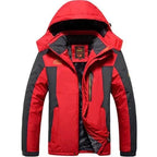 Red and black colour-block ski jacket with drawstring hood and multiple zip pockets, hood up
