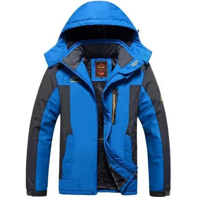 Blue and grey insulated winter jacket shown fully zipped with adjustable hood and fleece-lined interior