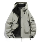 Light grey hooded jacket laid flat, unzipped showing black lining, adjustable cuffs and drawstring hem detail