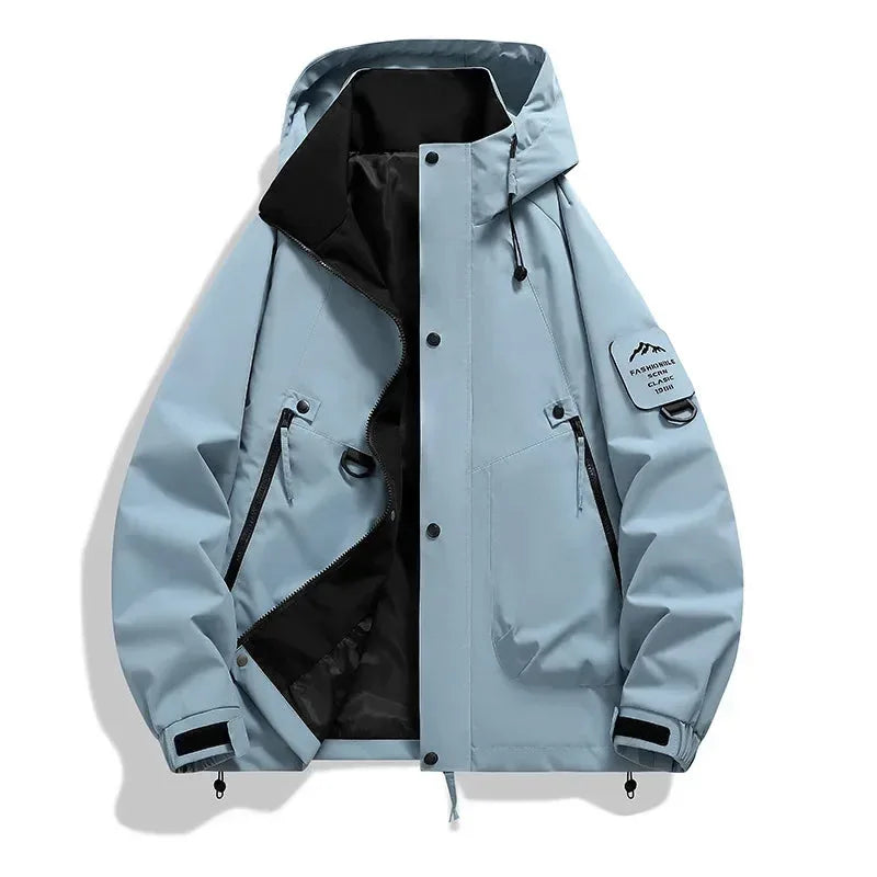 Pale blue hooded jacket laid flat, unzipped showing black lining, press-stud placket and adjustable hood toggles