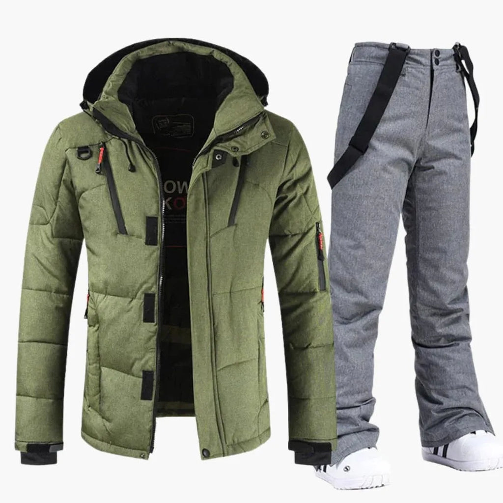 Green hooded puffer ski jacket paired with matching grey bib ski trousers with suspenders, front view