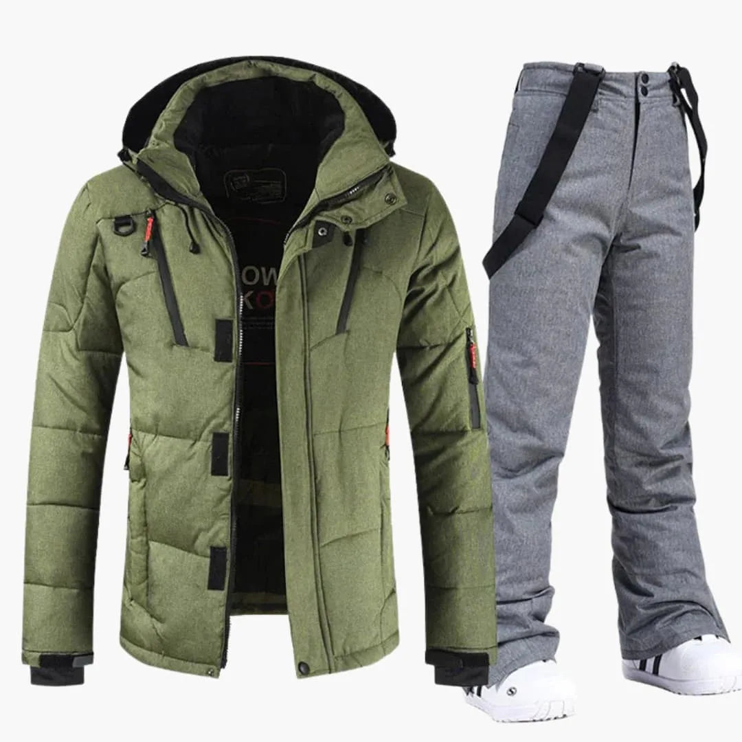 Green hooded puffer ski jacket paired with matching grey bib ski trousers with suspenders, front view
