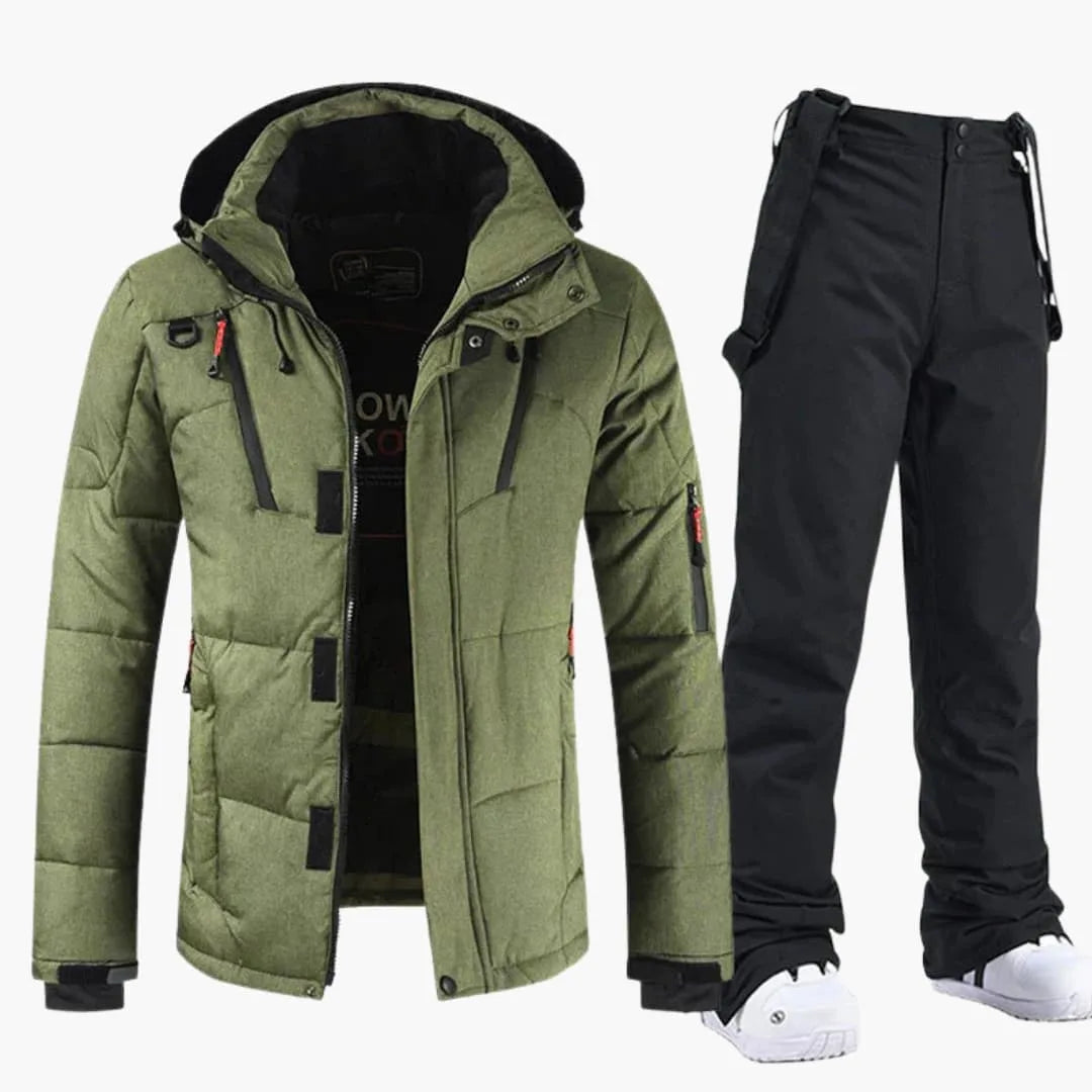 Olive green hooded ski jacket shown with contrasting black bib trousers and adjustable braces