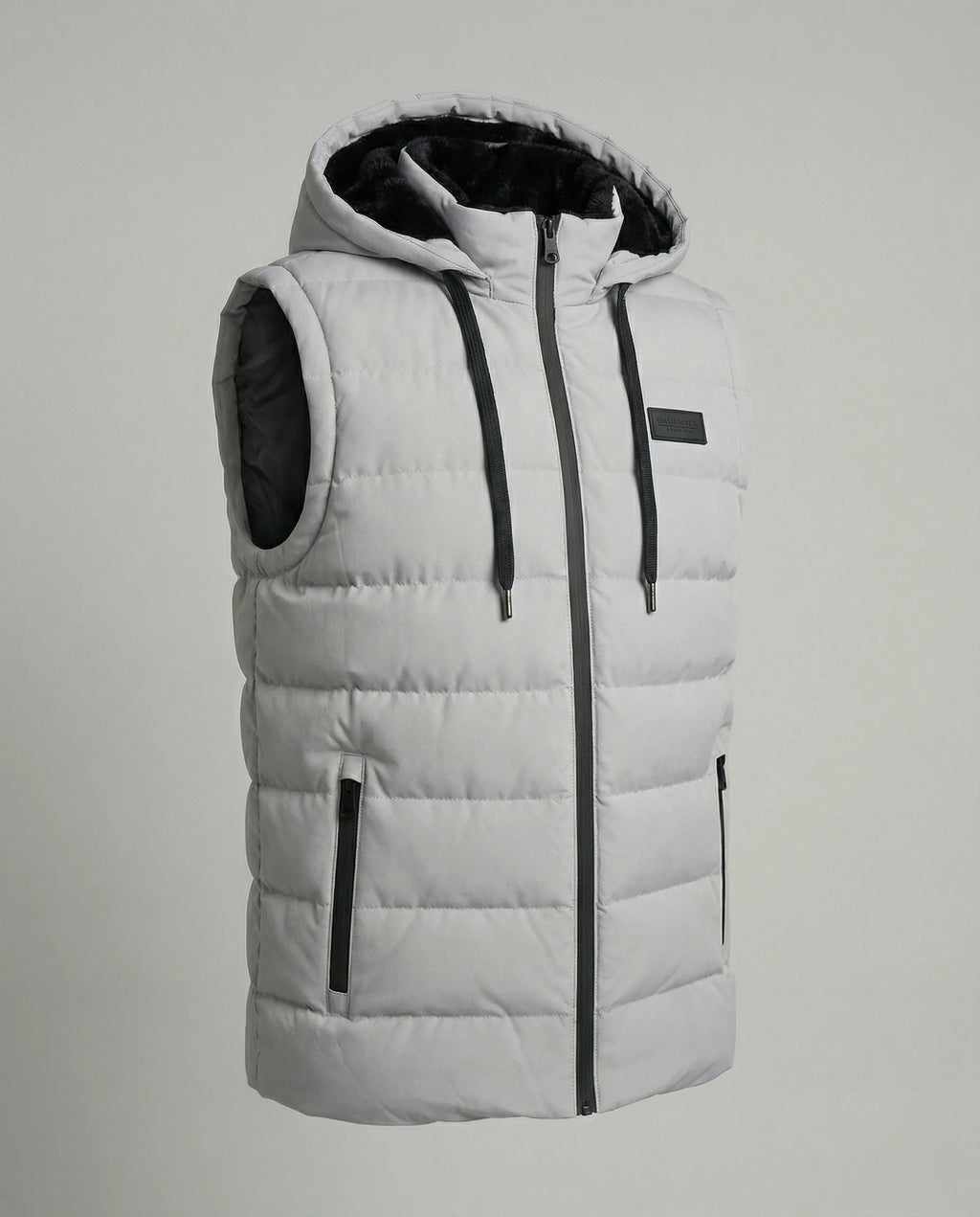 Product shot of a light grey hooded gilet with faux fur lined hood, zip pockets and branded chest patch