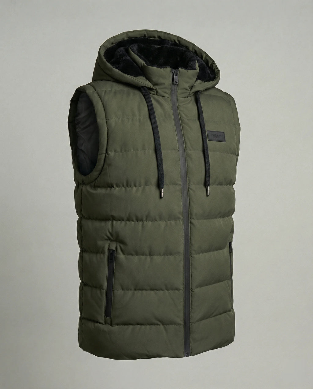 Product shot of an olive green quilted hooded gilet with black faux fur lined hood and drawcord details