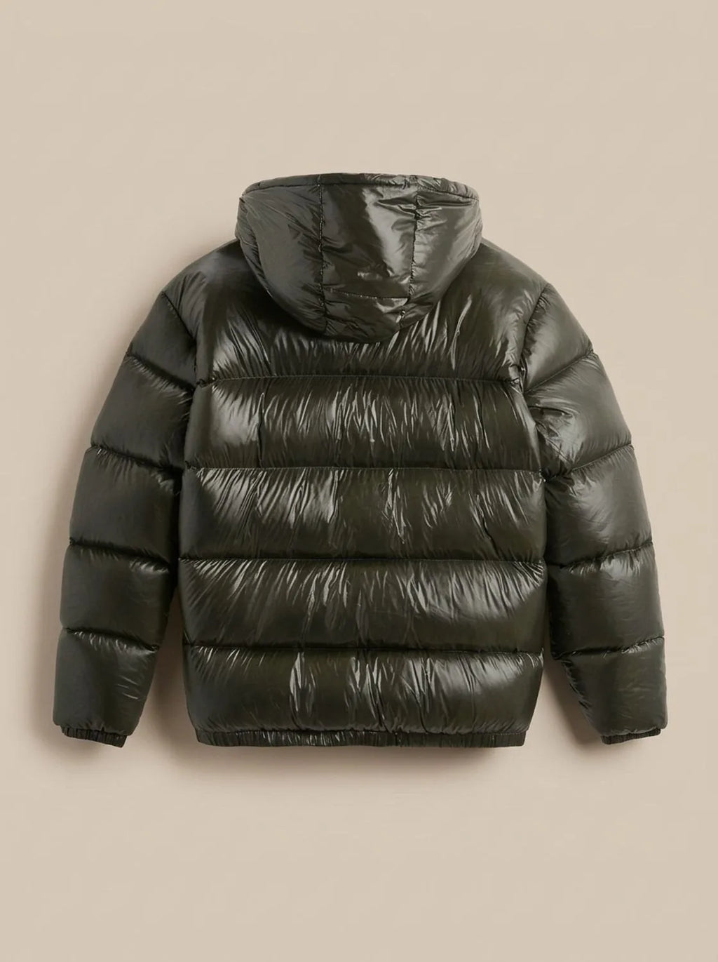 Back view flat lay of the olive green puffer jacket showing the hood and quilted panelling