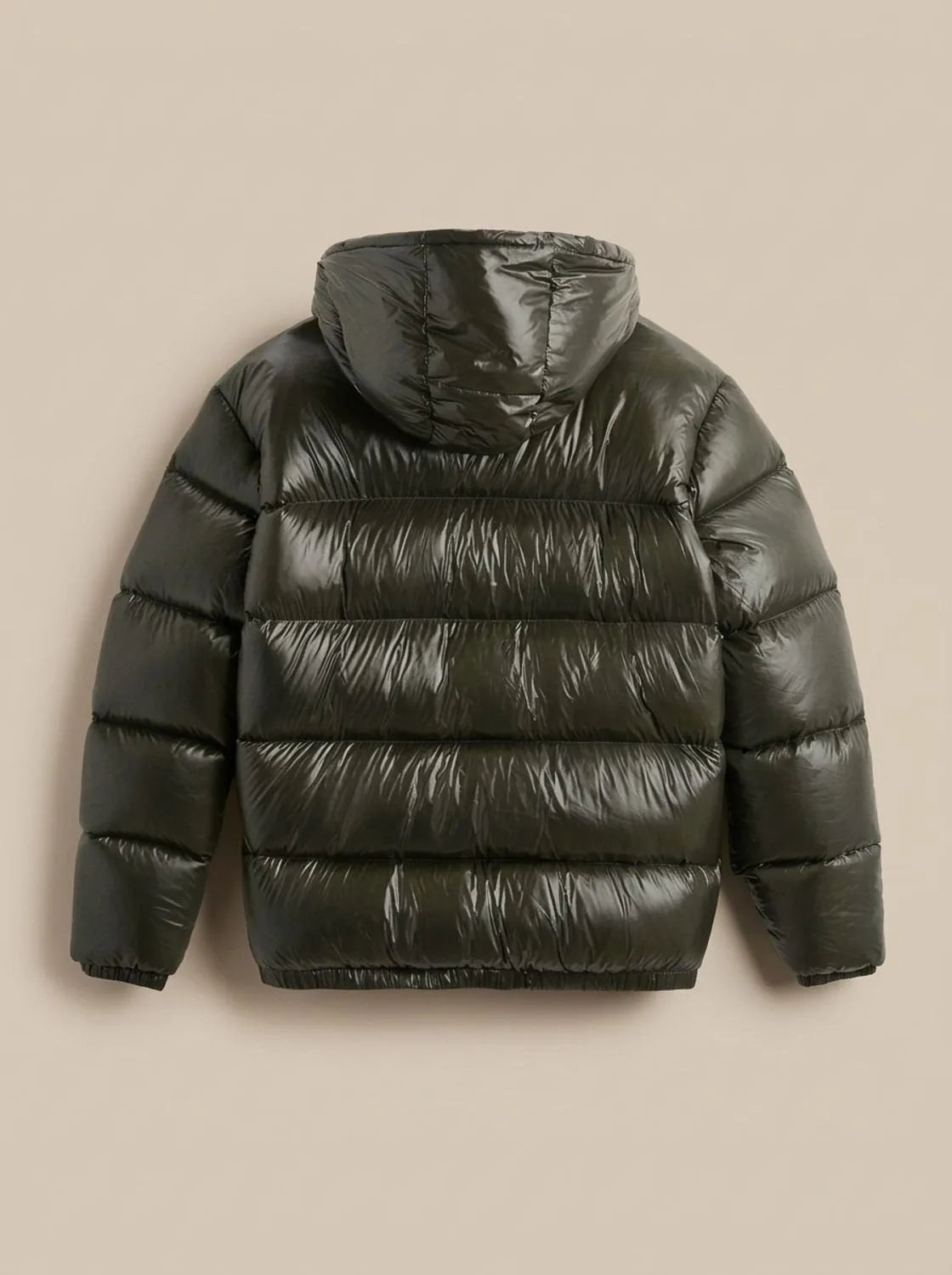 Back view flat lay of the olive green puffer jacket showing the hood and quilted panelling