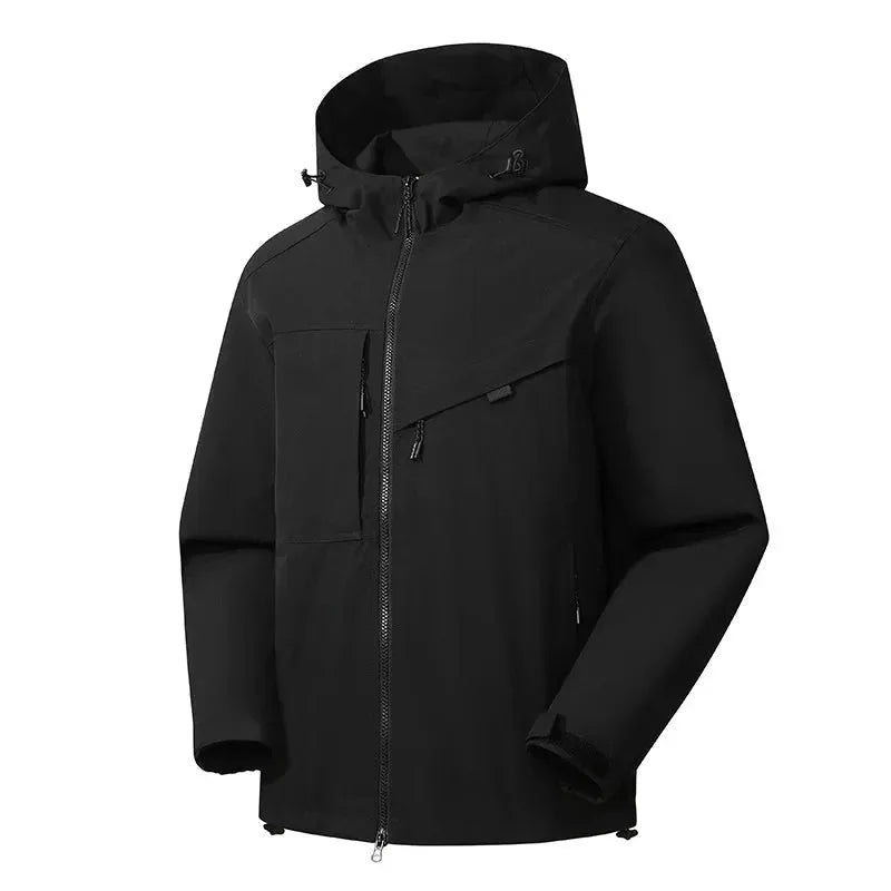 Front view of black hooded jacket with zip chest pocket and adjustable hood toggles