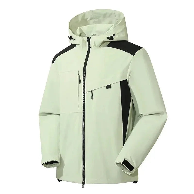 Ivory and black jacket with contrast shoulder panels and drawstring hood detail