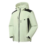 Ivory and black jacket with contrast shoulder panels and drawstring hood detail