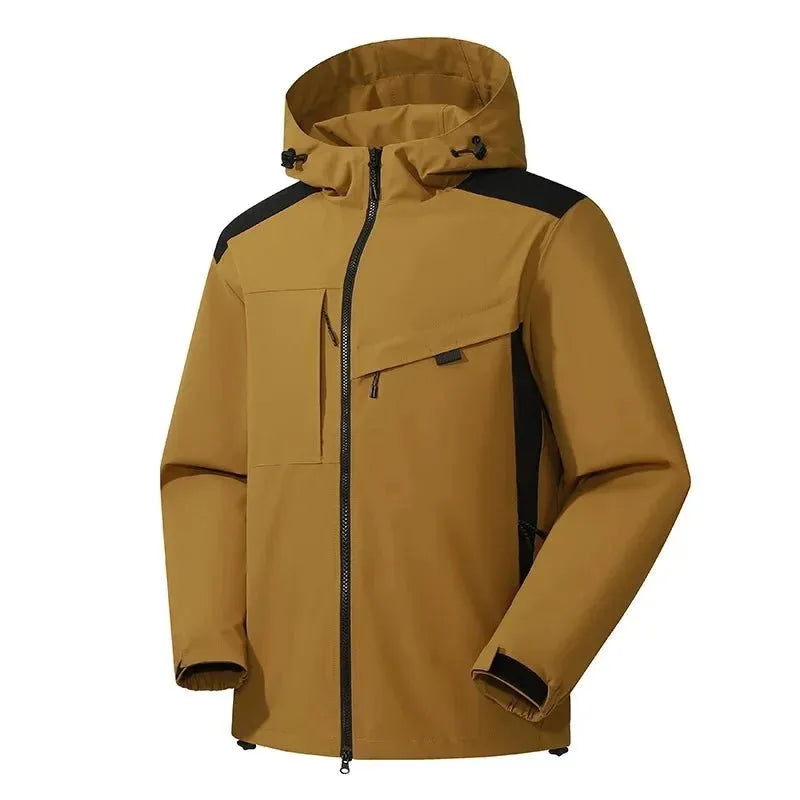 Mustard yellow and black jacket with chest zip pocket, front angled view