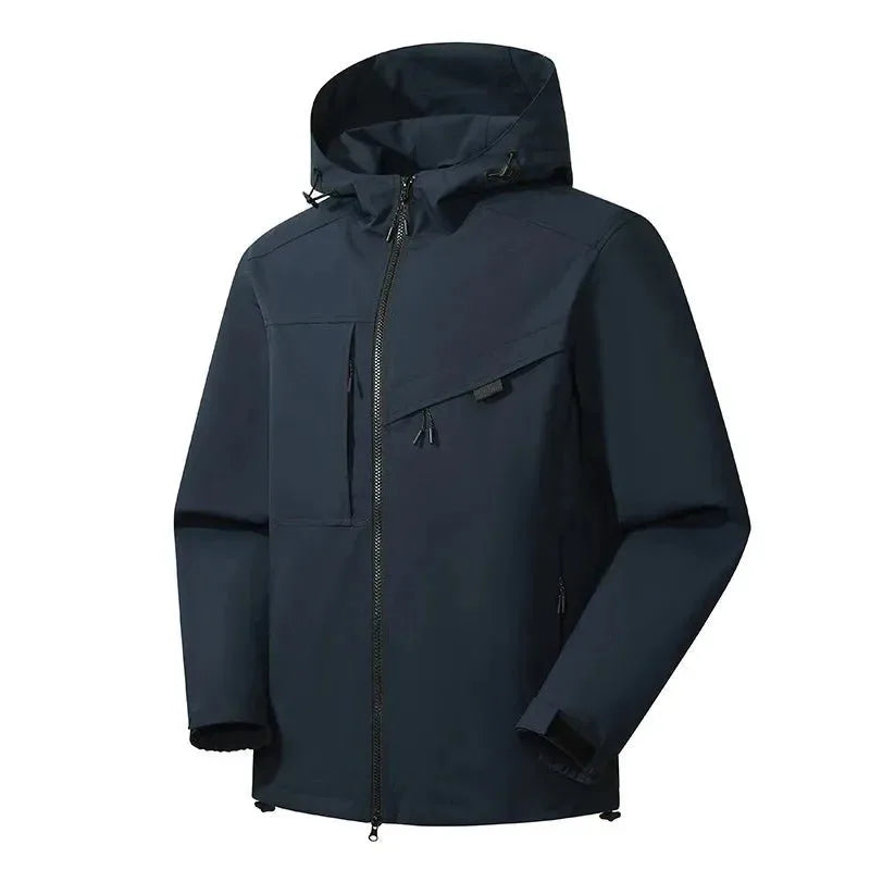 Navy blue jacket with black side panels, hood up and toggle cord visible