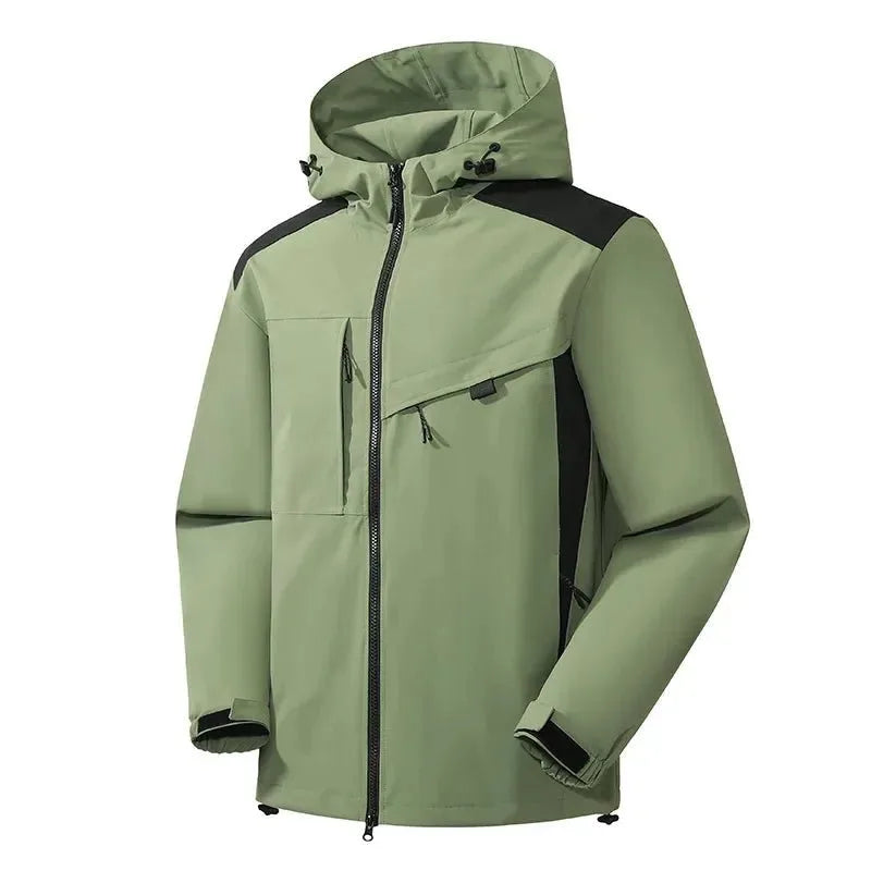 Sage green and black jacket, front view showing hood and adjustable hem toggles